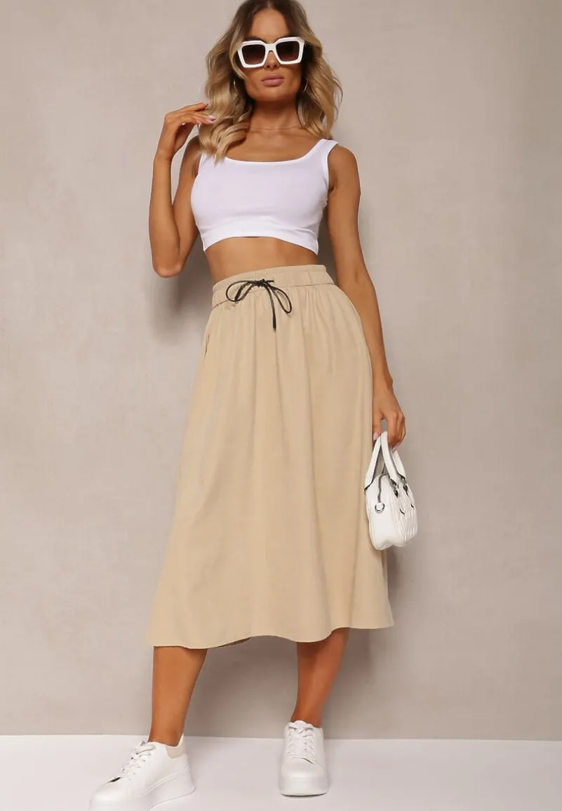 Beżowa Spódnica o Rozkloszowanym Kroju Ściągana w Pasie Rigelia