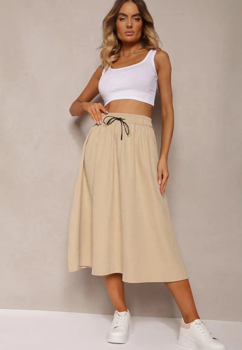 Beżowa Spódnica o Rozkloszowanym Kroju Ściągana w Pasie Rigelia