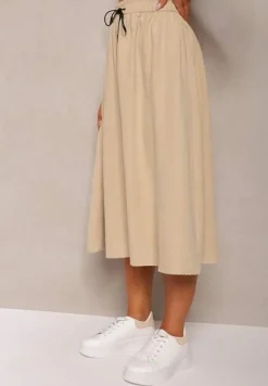 Beżowa Spódnica o Rozkloszowanym Kroju Ściągana w Pasie Rigelia