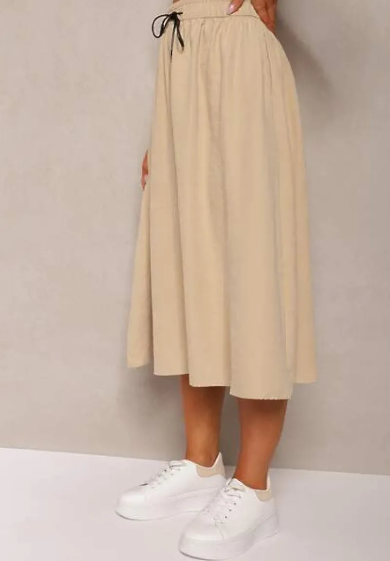 Beżowa Spódnica o Rozkloszowanym Kroju Ściągana w Pasie Rigelia