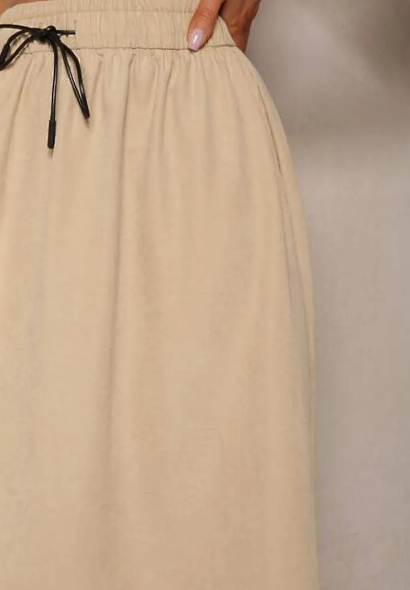 Beżowa Spódnica o Rozkloszowanym Kroju Ściągana w Pasie Rigelia
