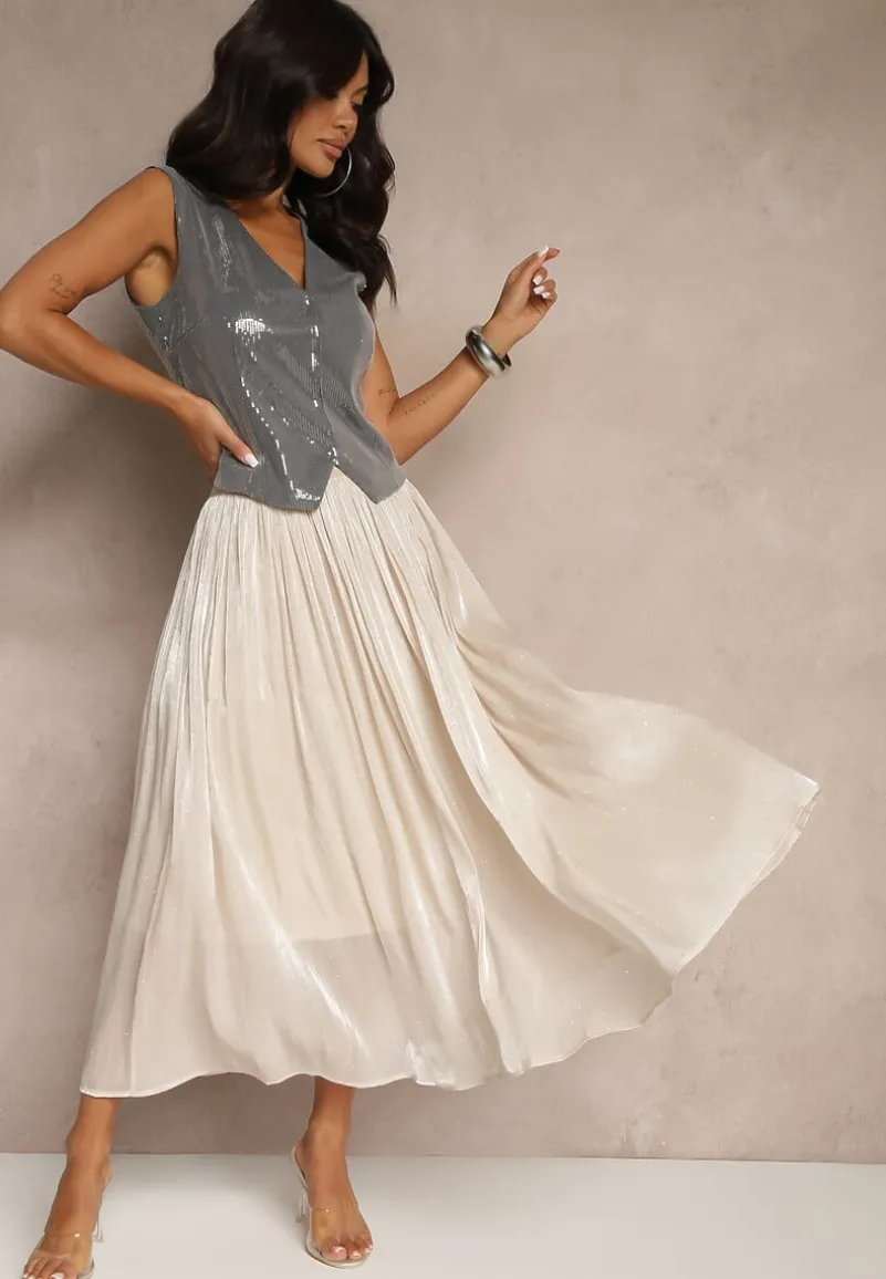 Beżowa Spódnica o Rozkloszowanym Kroju z Ozdobnymi Cyrkoniami Folaressa