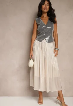 Beżowa Spódnica o Rozkloszowanym Kroju z Ozdobnymi Cyrkoniami Folaressa