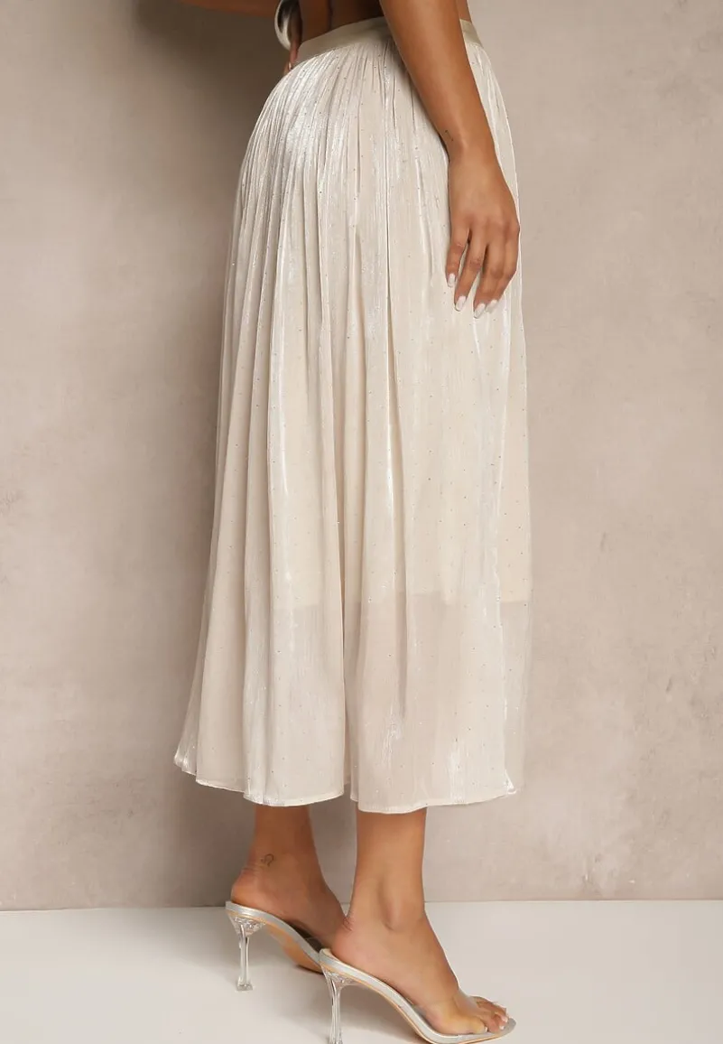 Beżowa Spódnica o Rozkloszowanym Kroju z Ozdobnymi Cyrkoniami Folaressa