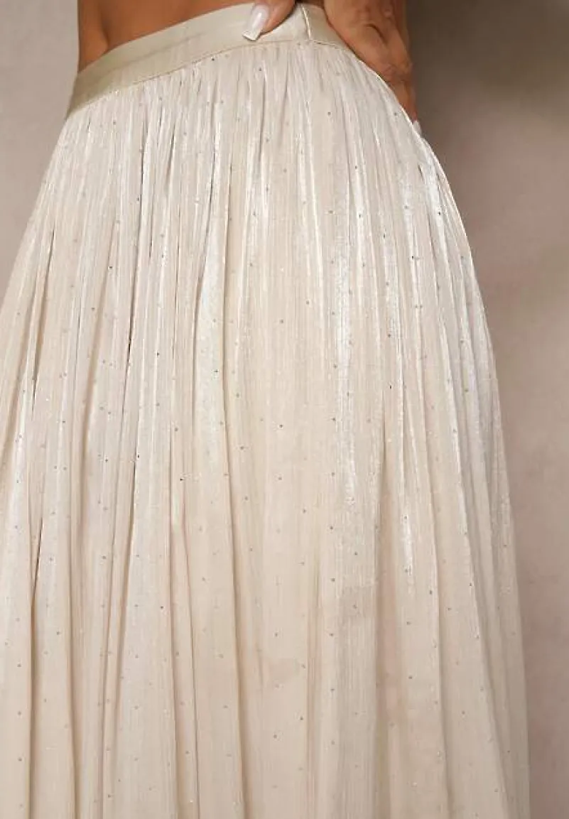 Beżowa Spódnica o Rozkloszowanym Kroju z Ozdobnymi Cyrkoniami Folaressa