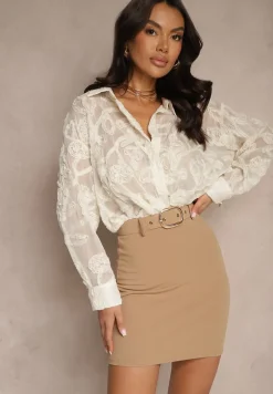 Beżowa Spódnica Ołówkowa High Waist Ozdobiona Paskiem z Metaliczną Klamrą Avarie