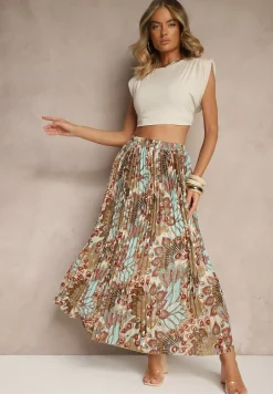 Beżowa Spódnica Plisowana Ozdobiona Metalicznym Nadrukiem Firavenne