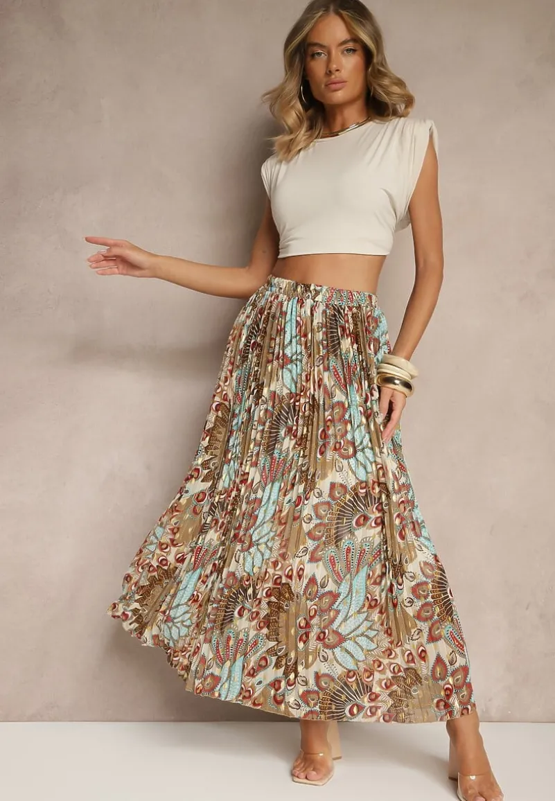 Beżowa Spódnica Plisowana Ozdobiona Metalicznym Nadrukiem Firavenne