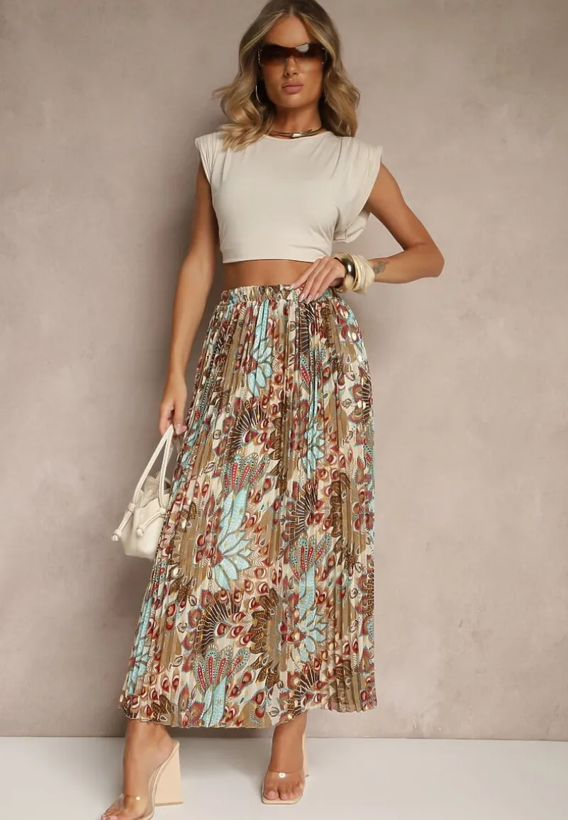 Beżowa Spódnica Plisowana Ozdobiona Metalicznym Nadrukiem Firavenne