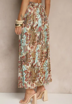 Beżowa Spódnica Plisowana Ozdobiona Metalicznym Nadrukiem Firavenne