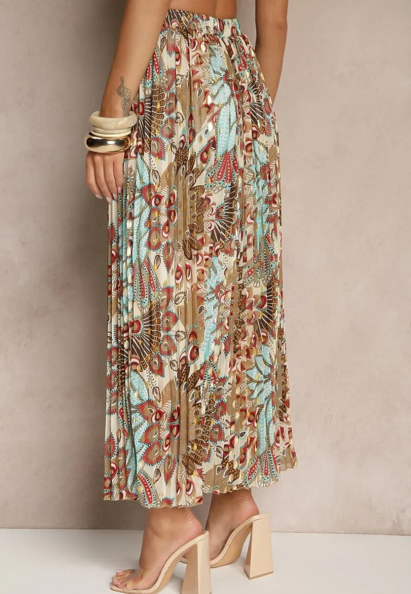 Beżowa Spódnica Plisowana Ozdobiona Metalicznym Nadrukiem Firavenne