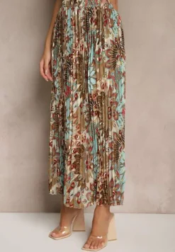 Beżowa Spódnica Plisowana Ozdobiona Metalicznym Nadrukiem Firavenne