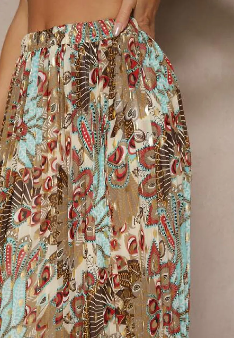 Beżowa Spódnica Plisowana Ozdobiona Metalicznym Nadrukiem Firavenne