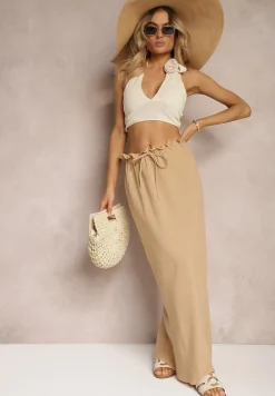 Beżowa Spódnica z Gumką w Talii Tiamantee