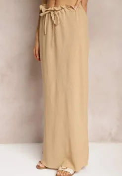 Beżowa Spódnica z Gumką w Talii Tiamantee