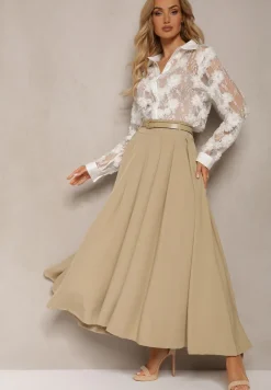 Beżowa Spódnica z Kieszeniami Maxi z Paskiem o Rozkloszowanym Fasonie Danet