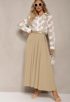 Beżowa Spódnica z Kieszeniami Maxi z Paskiem o Rozkloszowanym Fasonie Danet