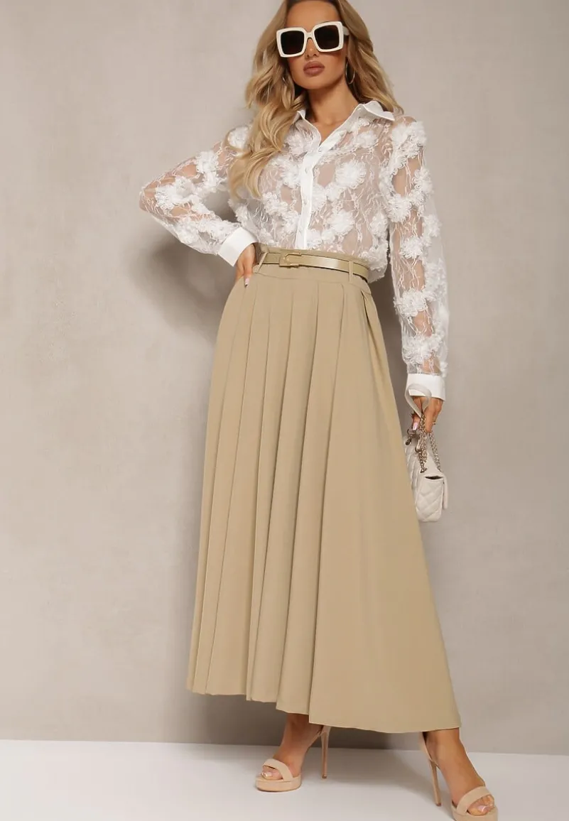 Beżowa Spódnica z Kieszeniami Maxi z Paskiem o Rozkloszowanym Fasonie Danet