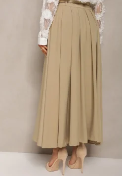 Beżowa Spódnica z Kieszeniami Maxi z Paskiem o Rozkloszowanym Fasonie Danet