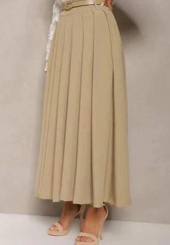 Beżowa Spódnica z Kieszeniami Maxi z Paskiem o Rozkloszowanym Fasonie Danet