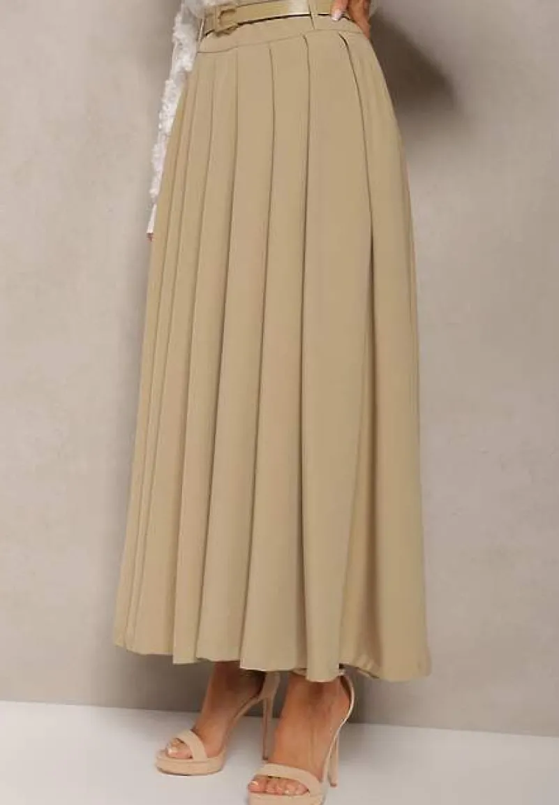 Beżowa Spódnica z Kieszeniami Maxi z Paskiem o Rozkloszowanym Fasonie Danet