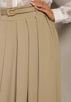 Beżowa Spódnica z Kieszeniami Maxi z Paskiem o Rozkloszowanym Fasonie Danet