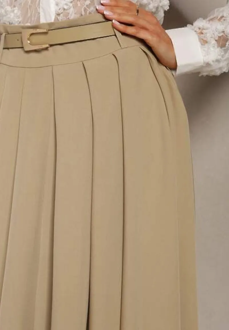 Beżowa Spódnica z Kieszeniami Maxi z Paskiem o Rozkloszowanym Fasonie Danet