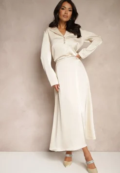 Beżowa Spódnica z Satynowej Tkaniny z Wiskozą o Rozkloszowanym Kroju Tiraviel