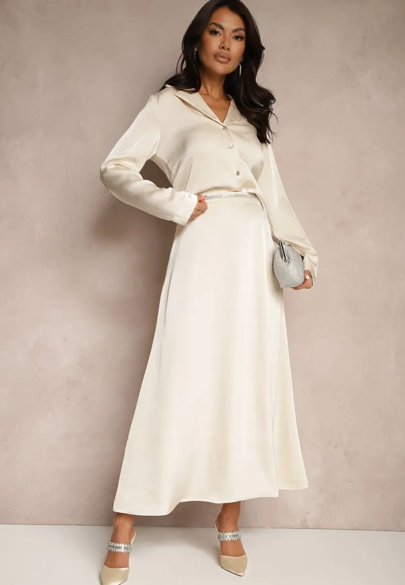 Beżowa Spódnica z Satynowej Tkaniny z Wiskozą o Rozkloszowanym Kroju Tiraviel