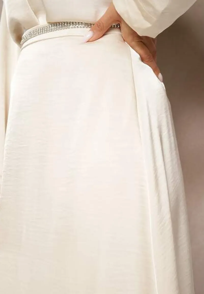 Beżowa Spódnica z Satynowej Tkaniny z Wiskozą o Rozkloszowanym Kroju Tiraviel