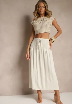 Beżowa Spódnica z Wiskozą i Lnem High Waist o Rozkloszowanym Kroju Lumerellea