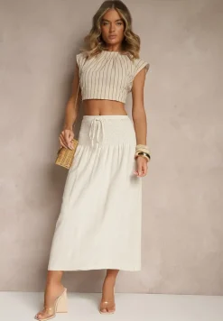 Beżowa Spódnica z Wiskozą i Lnem High Waist o Rozkloszowanym Kroju Lumerellea