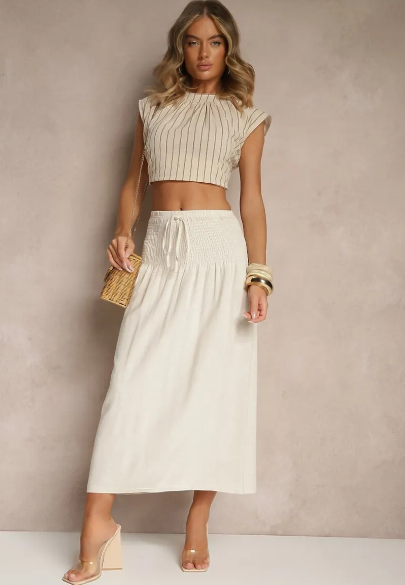 Beżowa Spódnica z Wiskozą i Lnem High Waist o Rozkloszowanym Kroju Lumerellea