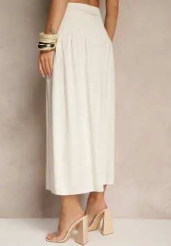 Beżowa Spódnica z Wiskozą i Lnem High Waist o Rozkloszowanym Kroju Lumerellea