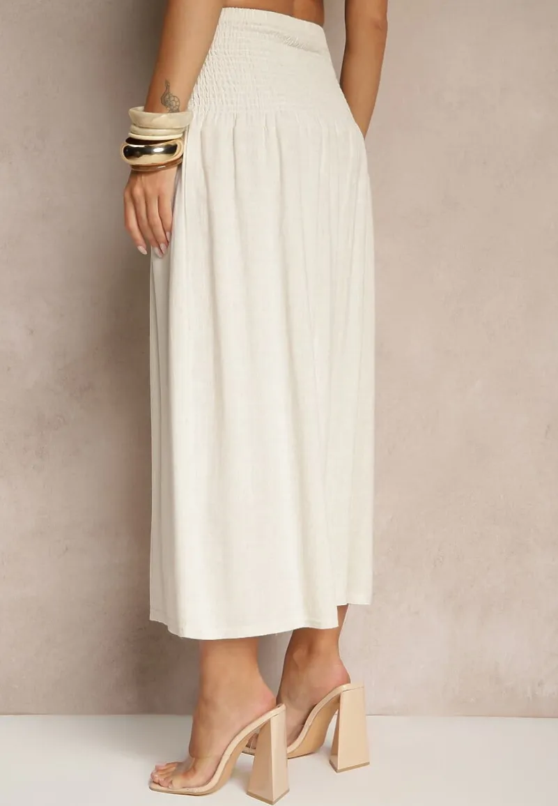 Beżowa Spódnica z Wiskozą i Lnem High Waist o Rozkloszowanym Kroju Lumerellea