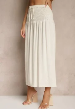 Beżowa Spódnica z Wiskozą i Lnem High Waist o Rozkloszowanym Kroju Lumerellea