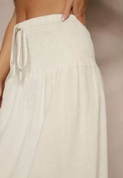 Beżowa Spódnica z Wiskozą i Lnem High Waist o Rozkloszowanym Kroju Lumerellea