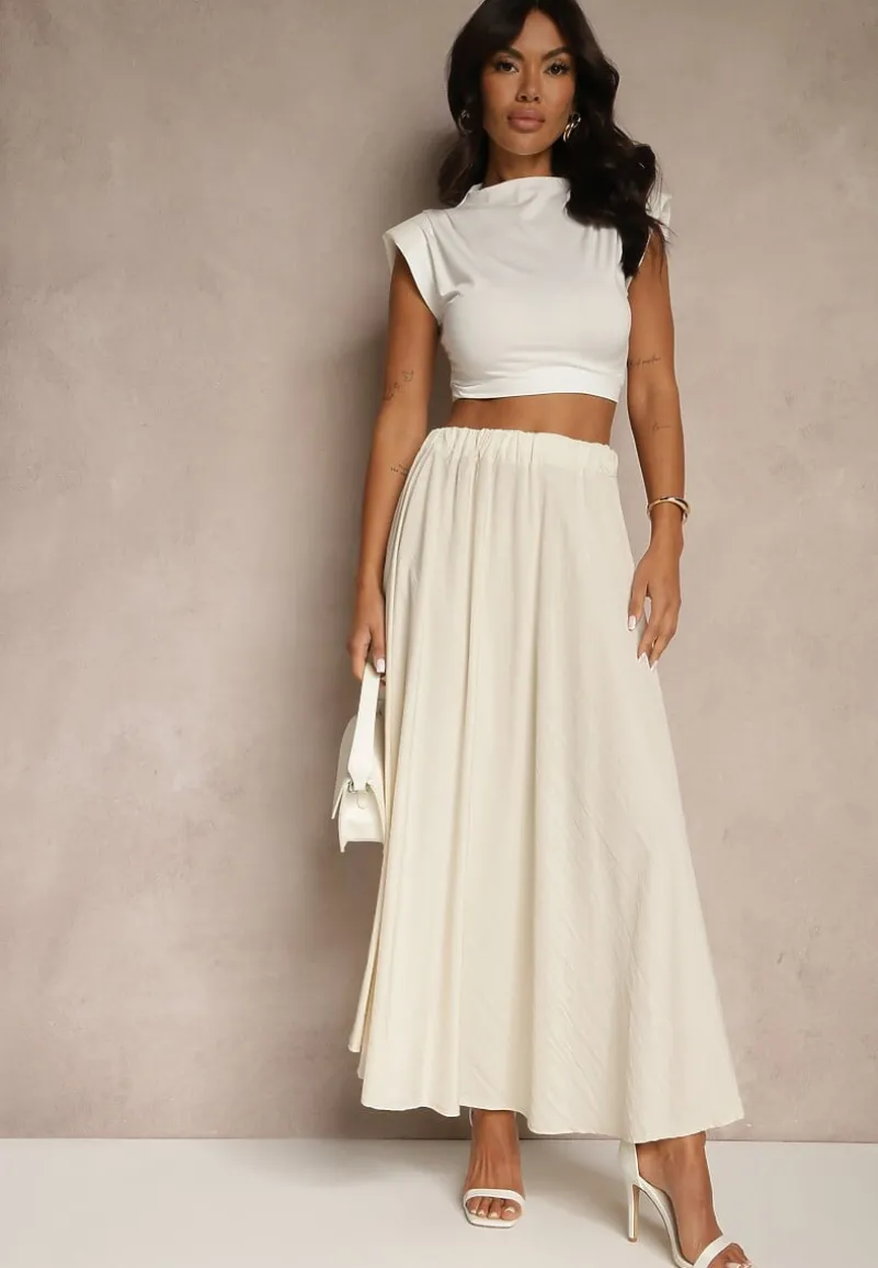 Beżowa Spódnica z Wiskozą o Rozkloszowanym Kroju Addlia