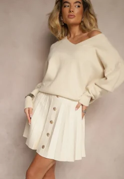 Beżowa Spódnica z Wiskozą z Plisami i Ozdobnymi Guzikami Lasalla