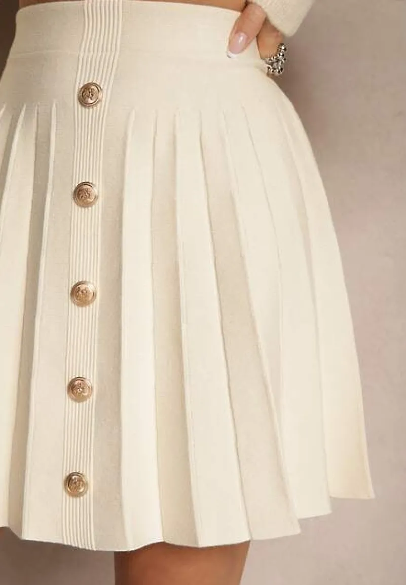 Beżowa Spódnica z Wiskozą z Plisami i Ozdobnymi Guzikami Lasalla