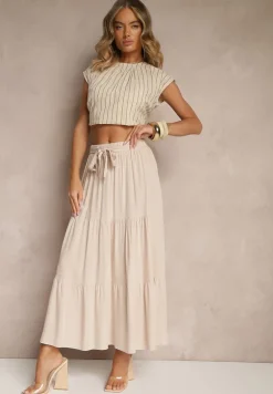 Beżowa SRozkloszowana Spódnica Maxi z Wiskozy z Materiałowymi Paskami Wintelis