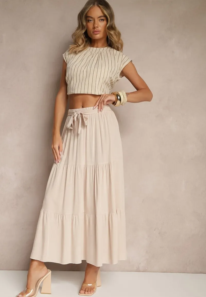 Beżowa SRozkloszowana Spódnica Maxi z Wiskozy z Materiałowymi Paskami Wintelis