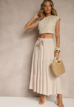 Beżowa SRozkloszowana Spódnica Maxi z Wiskozy z Materiałowymi Paskami Wintelis