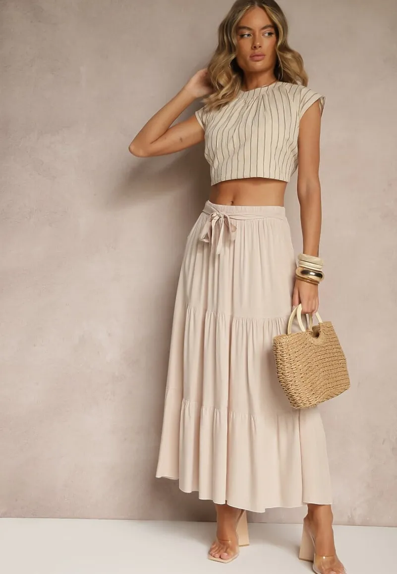 Beżowa SRozkloszowana Spódnica Maxi z Wiskozy z Materiałowymi Paskami Wintelis