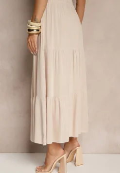 Beżowa SRozkloszowana Spódnica Maxi z Wiskozy z Materiałowymi Paskami Wintelis