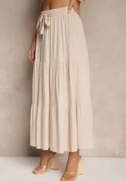 Beżowa SRozkloszowana Spódnica Maxi z Wiskozy z Materiałowymi Paskami Wintelis