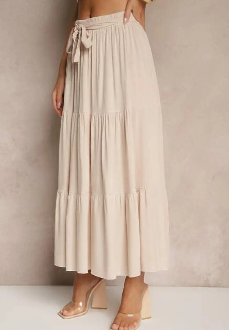 Beżowa SRozkloszowana Spódnica Maxi z Wiskozy z Materiałowymi Paskami Wintelis