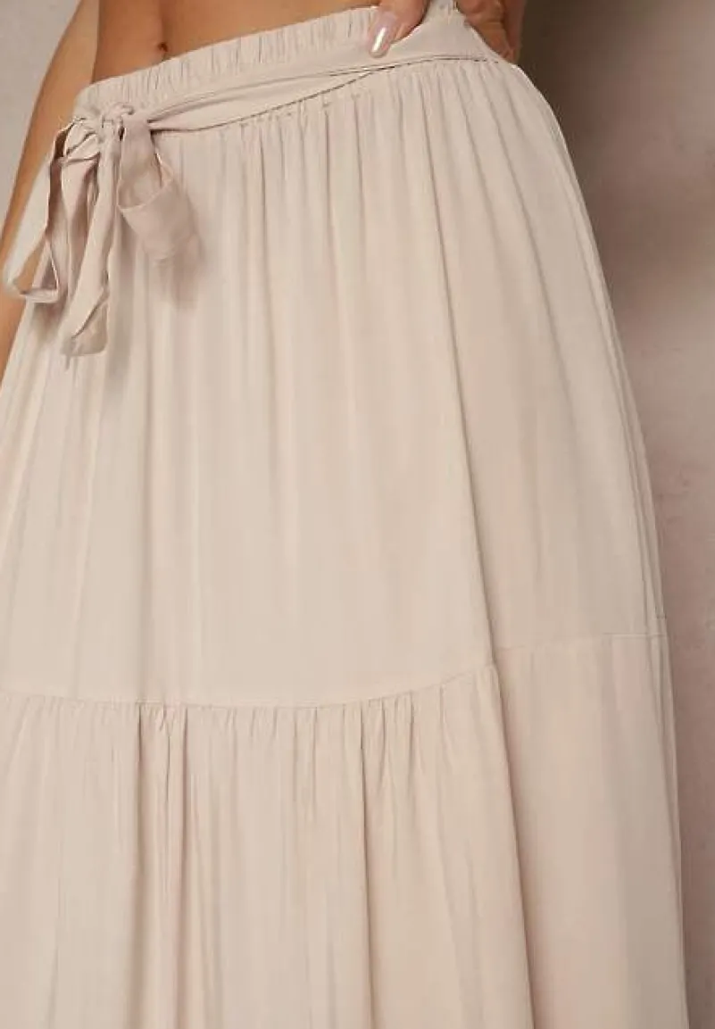 Beżowa SRozkloszowana Spódnica Maxi z Wiskozy z Materiałowymi Paskami Wintelis