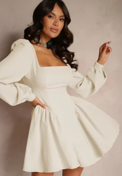 Beżowa Sukienka Gorsetowa z Rozkloszowanym Dołem i Luźnymi Rękawami Wiązana z Tyłu Enariel