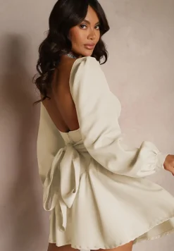 Beżowa Sukienka Gorsetowa z Rozkloszowanym Dołem i Luźnymi Rękawami Wiązana z Tyłu Enariel